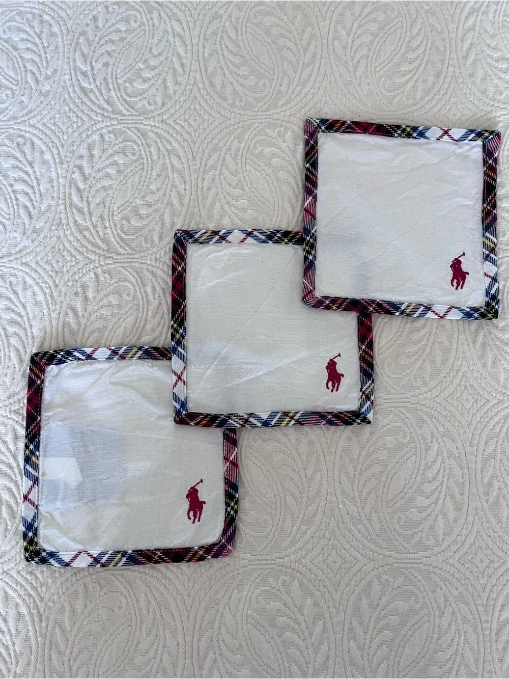 Polo Ralph Lauren Cocktail Napkin Coaster 6” Square Set (3) White Plaid Cotton